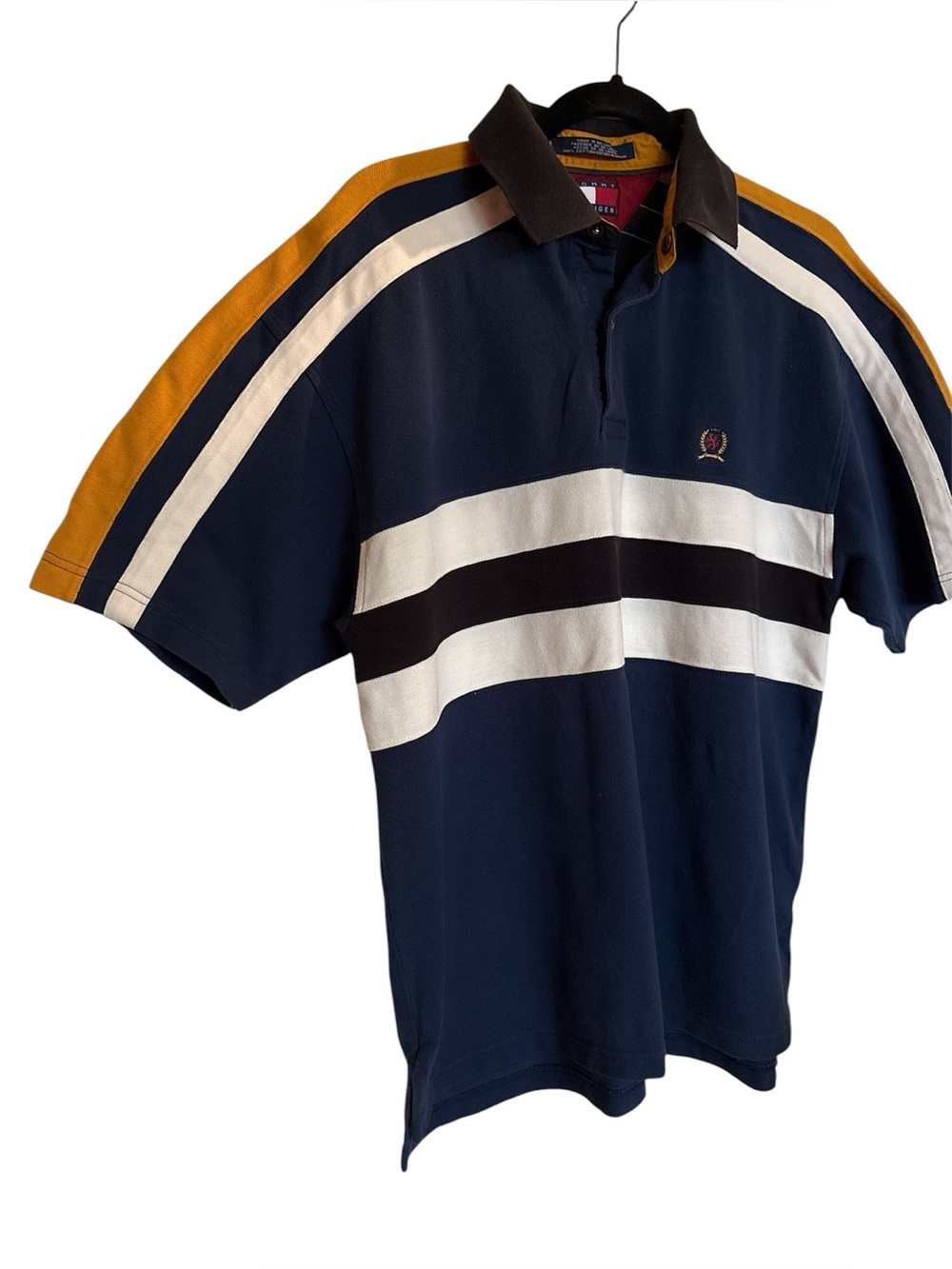 Tommy Hilfiger Navy, White & Mustard Striped Short-Sleeve Polo vintage large